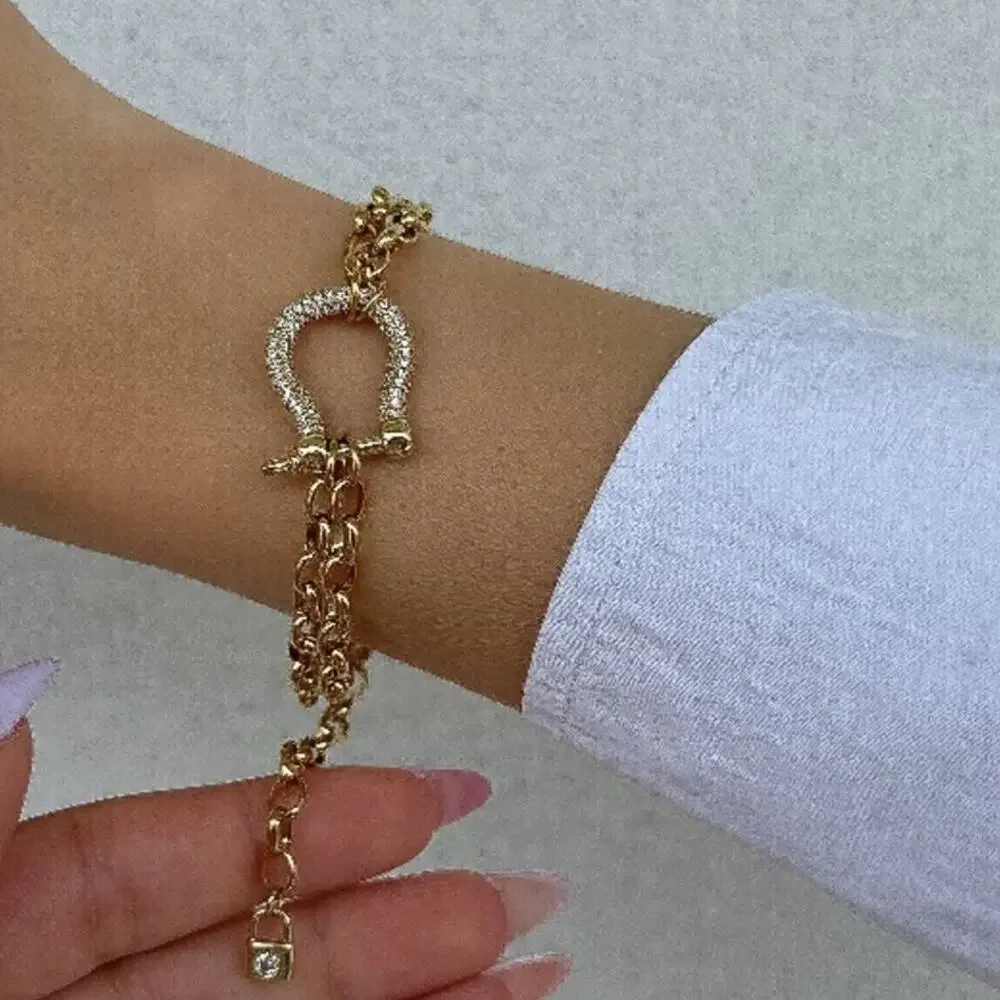 Gold Zircon Horseshoe Chain Link Bracelet Horse Lovers Gift
